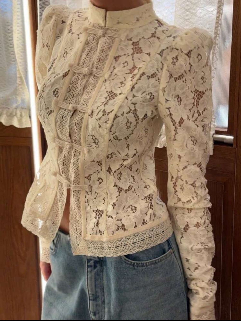 Lace crochet trim mandarin frog button ivory Cream Long-Sleeve Top - Picture 7 of 9